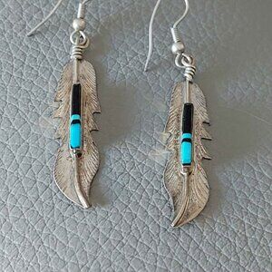 vintage handmade by F Barney, sterling silver earrings w turquoise and onyx